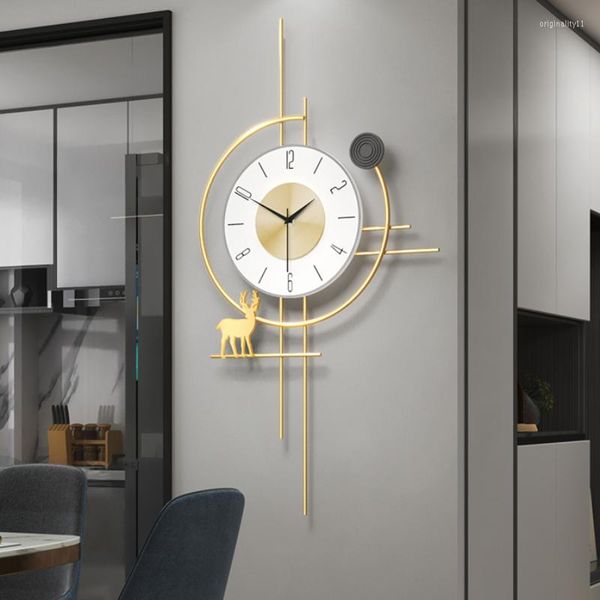 Relojes de pared creativos reloj grande diseño moderno arte luz lujo nórdico Metal Simple Digital sala de estar Horloge decoración del hogar