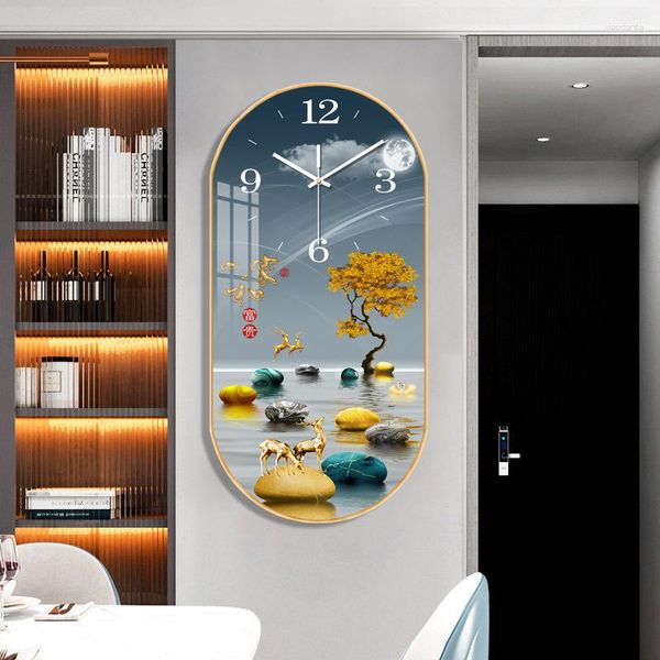 Relojes de pared, reloj decorativo ovalado creativo, hogar, sala de estar, dormitorio, pintura de porcelana de cristal silencioso