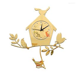 Wandklokken Creative Tree House Bird 3D Mirror Surface Sticker Diy Clock Home Decor Children Slaapkamer Woonkamer Decoratie