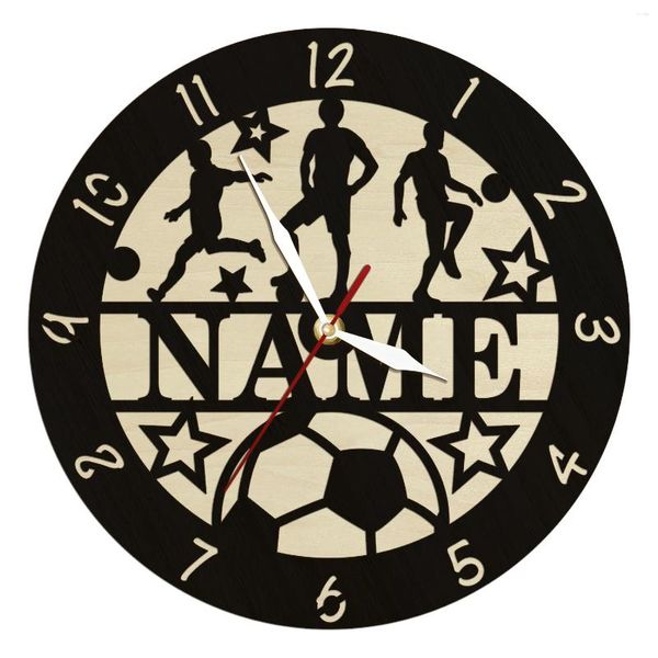 Horloges murales Joueurs de football personnalisés Nom Horloge en bois naturel Footballeur personnalisé Fans de football Décor à la maison Montre