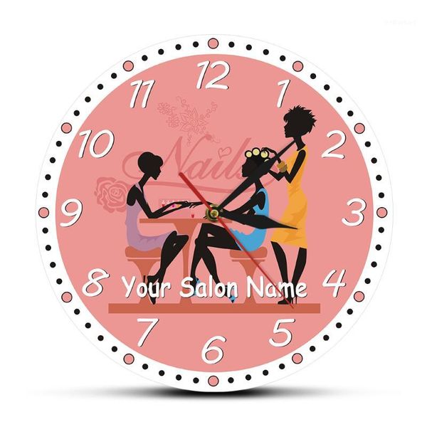 Relojes de pared con nombre de salón de belleza personalizado, reloj moderno para estudio de uñas, letrero de barbería, manicura, reloj decorativo personalizado 1