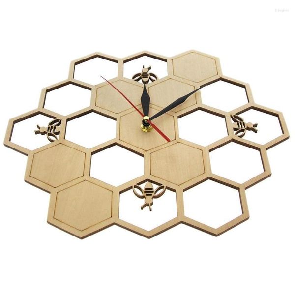 Relojes de pared Reloj de madera cortada Abeja de miel en peine Reloj de naturaleza hexagonal Decoración de arte de cocina geométrica