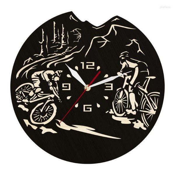 Horloges murales Cyclisme Décoratif Horloge Ronde En Bois Pour Chambre Salon VTT Oeuvre Naturelle Vélo Vélo Rider GiftWall