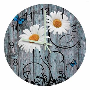 Horloges murales marguerite rétro Grain de bois papillon pointeur lumineux horloge maison ornements rond silencieux salon bureau décor