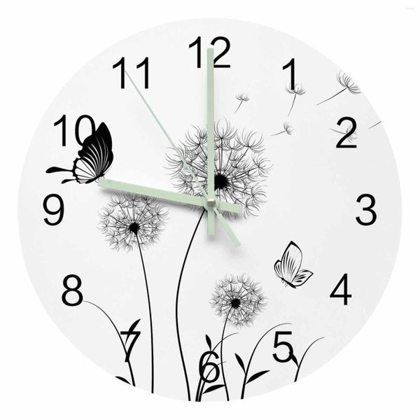 Relojes de pared diente de león mariposa negro blanco puntero luminoso reloj adornos para el hogar redondo silencioso sala de estar decoración de oficina