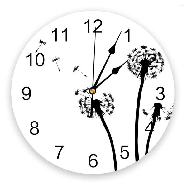 Horloges murales pissenlit plante noir et blanc décoration de la maison silencieux rond montres pour salon cuisine décor