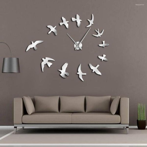 Horloges murales décoratives miroir horloge oiseaux volants Design moderne luxe sans cadre bricolage grande montre Nature chambre décor