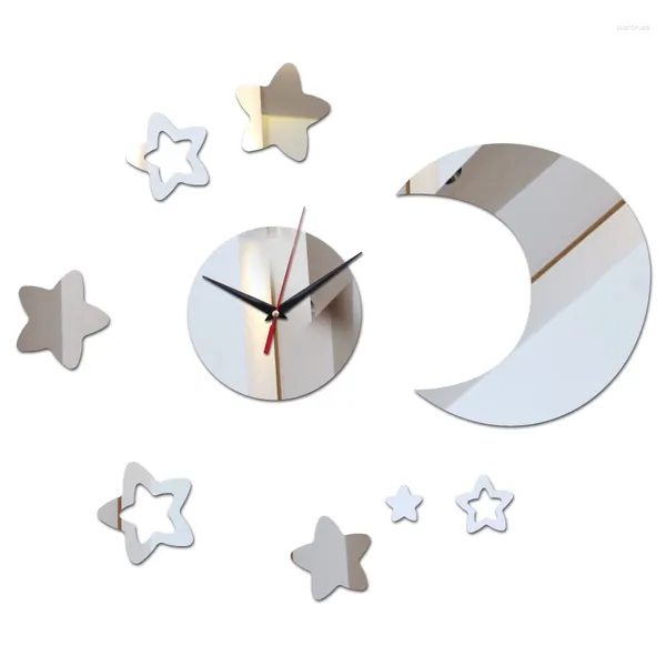 Horloges murales Design DIY Miroir Acrylique Matériel Autocollants Bref Style Simple Face Quartz Étoiles Lune Décor Montres