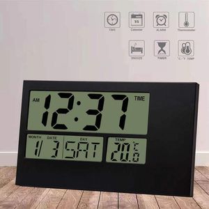 Relojes de pared Reloj digital LCD Decoración del hogar Calendario de pantalla grande con fecha y día Temperatura Snooze Alarma alimentado por batería