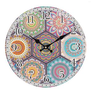 Horloges murales numérique horloge silencieuse 14 pouces rond Mandala floral décoratif Boho Art pour batterie alimenté Unique