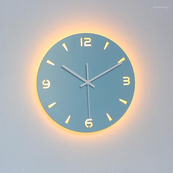 Relojes de pared Reloj de madera digital 3D LED Sala de estar creativa Luz nocturna Redondo Blanco Luminoso Wandklok Decoración del hogar AD5WC