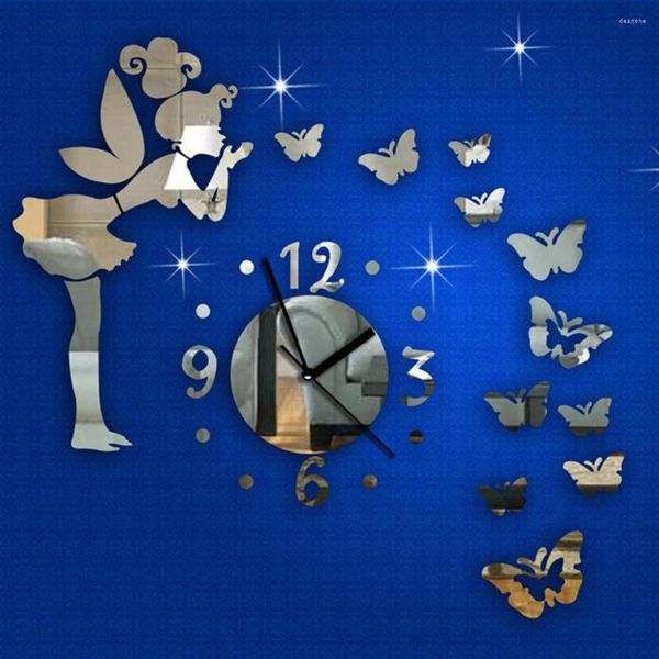 Horloges murales bricolage 3D papillons fée fille autocollant miroir bureau décoration de la maison pour salon décor