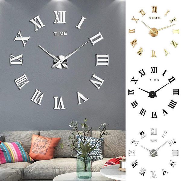 Horloges Murales DIY Horloge 3D Chiffres Romains Grands Miroirs Surface Luxe Grand Art