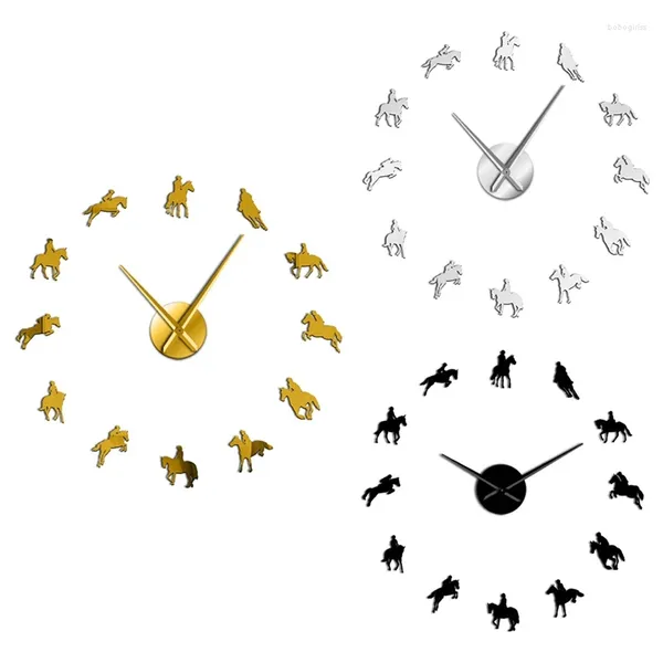 Horloges murales horloge bricolage moderne sport course de chevaux acrylique miroir surface montre équitation spectacle créatif décor à la maison