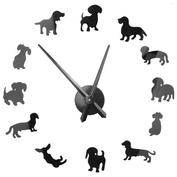 Horloges Murales Diy Teckel Art Wiener-Chien Chiot Chien Pet Horloge Géante Sans Cadre Avec Effet Miroir Saucisse Montre Noir