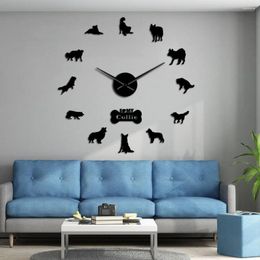 Horloges murales Race de chien Border Collie Silhouette Autocollant sans cadre DIY Horloge géante Décor à la maison Chien de berger écossais
