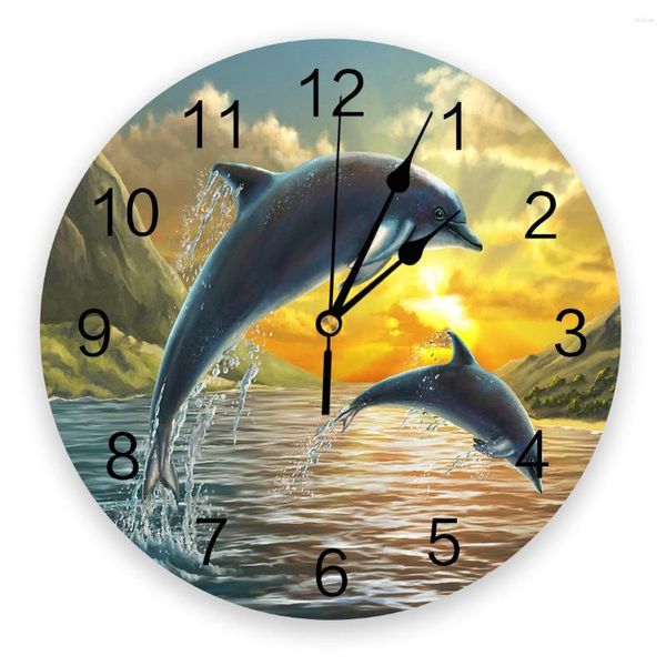 Horloges murales dolphin le coucher de soleil de la mer Salon du salon décor de la maison grande muette rond table de table de chambre à coucher