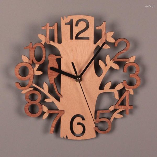 Horloges murales Double couche en trois dimensions oiseau horloge ménage en bois créatif Design moderne décor à la maison