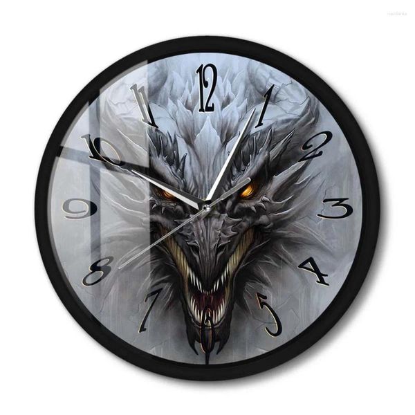 Relojes de pared con marco de Metal de dragón, reloj redondo con paisaje de fantasía silencioso, reloj moderno, mitología, cabeza de monstruo, arte para el hogar, decoración Interior