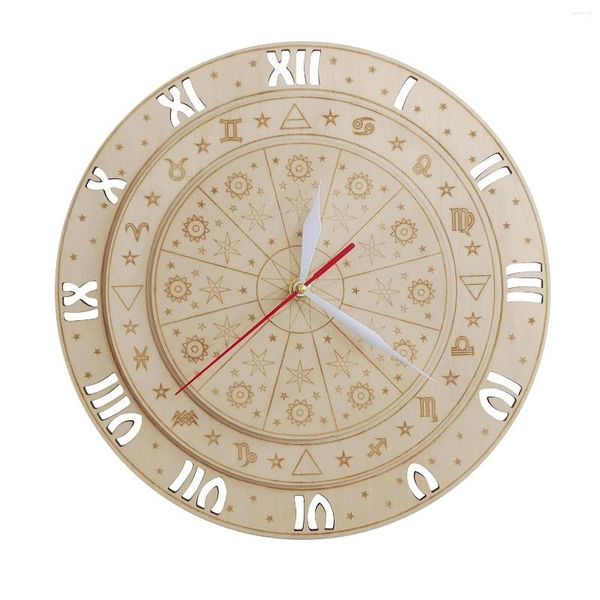 Relojes de pared Tierra Rueda astrológica Reloj de madera grabado con láser Signos del zodiaco Astrología Decoración del hogar Reloj Natural Ecológico