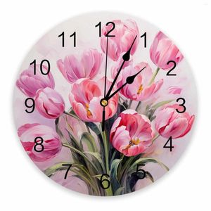 Wandklokken Pasen Roze Tulp Olieverf Abstract Gedrukt Klok Moderne Stille Woonkamer Home Decor Hangend Horloge