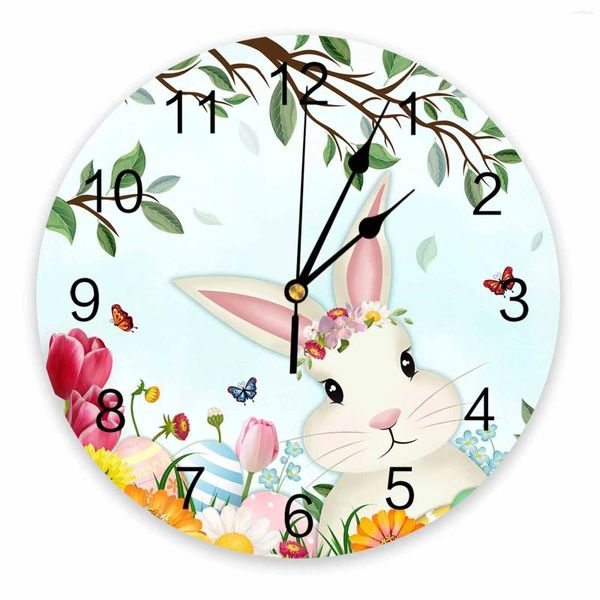 Horloges murales Pâques Printemps Fleurs Plantes Oeufs Feuilles Imprimé Horloge Moderne Silencieux Salon Décor À La Maison Montre Suspendue