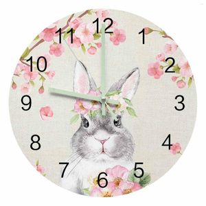 Horloges murales Pâques aquarelle fleur de cerisier pointeur lumineux horloge maison ornements rond silencieux salon décor