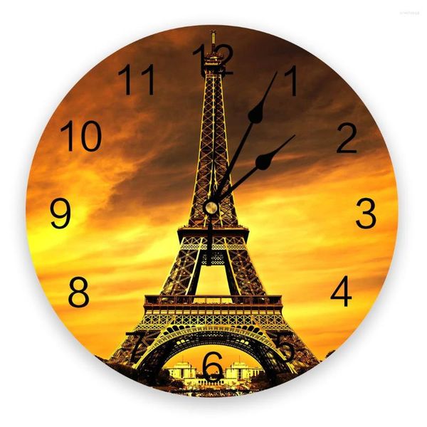 Relojes de pared Torre Eiffel Puesta de sol Ciudad Paisaje Reloj Diseño moderno Dormitorio silencioso Sala de estar Decoración Colgante redondo