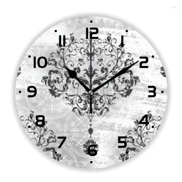 Horloges murales Élégant Argent Gris Damask Modèle Horloge Vieux Vintage Baroque Salon Cuisine Montre Accessoires Chambre Décor À La Maison