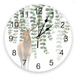 Horloges murales feuilles de wapiti aquarelle horloge ronde décoration créative salon aiguille à Quartz montre suspendue numérique