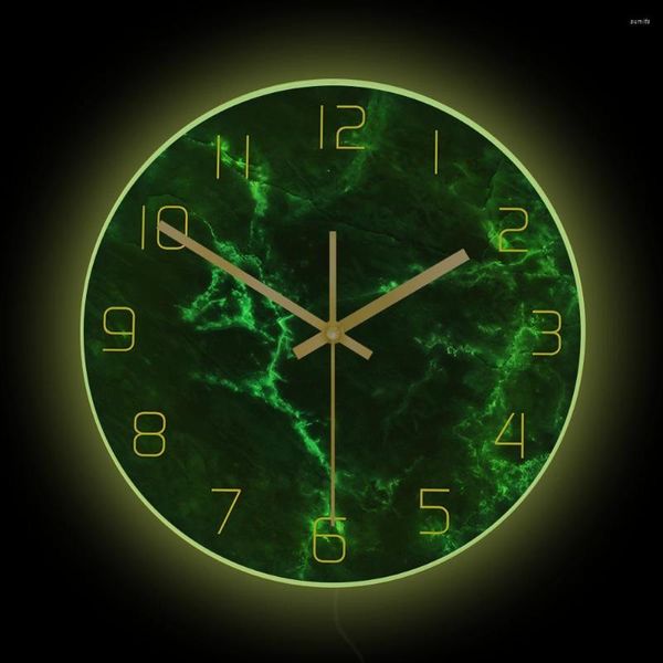 Relojes de pared Reloj impreso de mármol verde esmeralda con retroiluminación LED Diseño moderno Decoración para el hogar Reloj artístico Luminoso