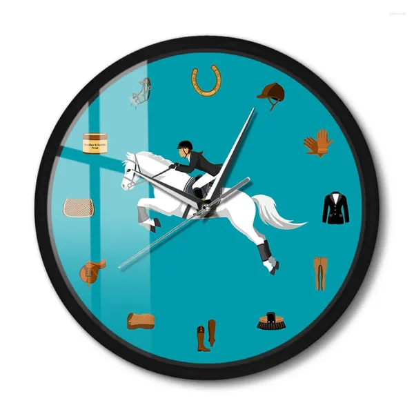 Relojes de pared Conjunto de equipo deportivo ecuestre Reloj con marco de aluminio negro Cuarzo silencioso Equipo para montar a caballo Tack Reloj de metal Decoración de dormitorio