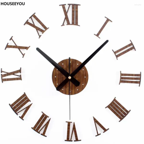 Horloges murales Europe Vintage Wood Clock Sticker Roman Numerals Retro Hanging Watch Home Decoration For Bedroom Living Room
