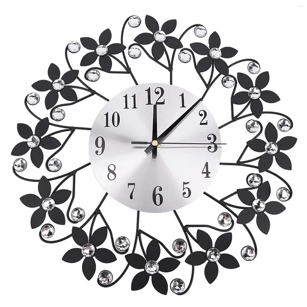 Horloges murales style européen horloge en métal moderne cristal diamant fleur de fleur de maison silencieuse décoration de bureau