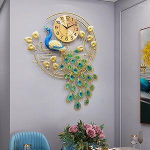 Wandklokken Europese stijl Retro Rose Gold Digital Peacock Clock Living Room Silent Quartz Metal Wandklok Decor AH50WC