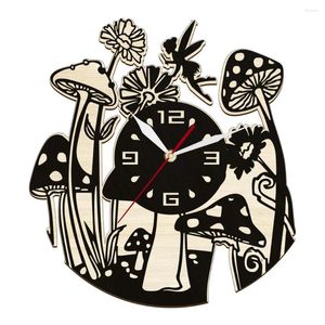 Wandklokken Fairy Garden Mushroom Laser Cut Wood Clock Botanical Natural Home Decor Watch voor Woodland Nursery Toadtool Art