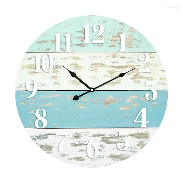 Horloges murales Ferme Coastal Blue Bois Horloge ronde Digital Décoration de la maison Montre de luxe Cuisine C