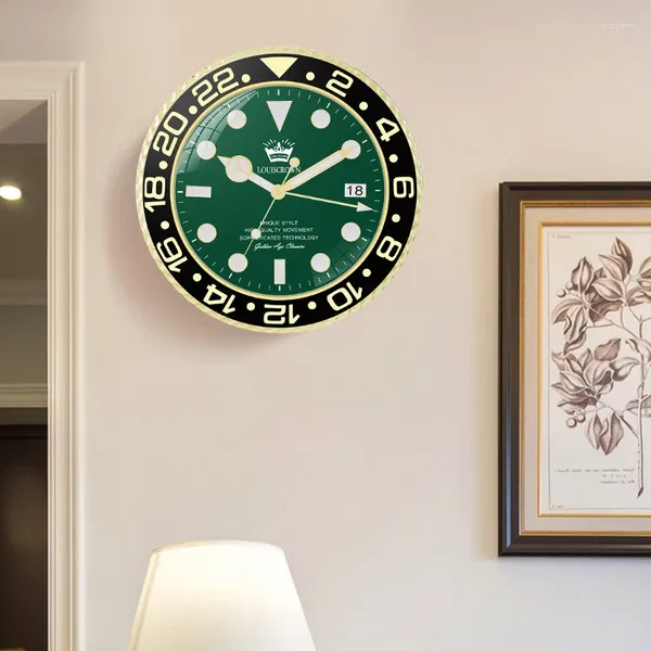Relojes de pared Moda Personalidad Reloj Creativo Verde Redondo Luminoso Sala de Estar Calendario Mudo Cuarzo Decoración del Hogar