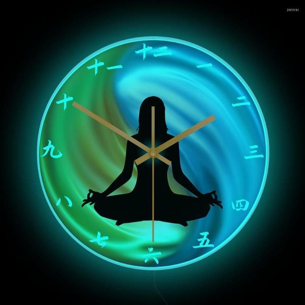 Relojes de pared fuego y agua Yin Yang LED iluminado reloj luminoso Yoga Studio Zen decoración mediación Lotus Pose brillante