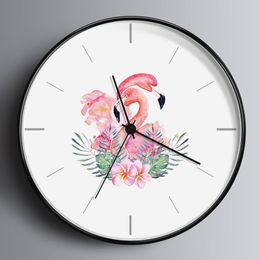 Horloges murales Flamingo et plante horloge design moderne nordique bref salon décoration cuisine art montre décor à la maison 12 pouces