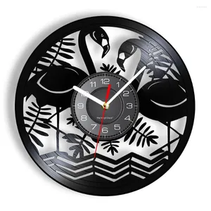 Horloges murales Flamingo Oiseaux Animaux sauvages Cercle Horloge contemporaine Art Décor à la maison Design d'intérieur Vintage Record Décoratif