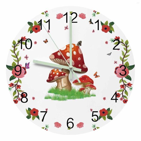 Horloges murales fleur papillon champignon pointeur lumineux horloge maison ornements rond silencieux salon chambre bureau décor