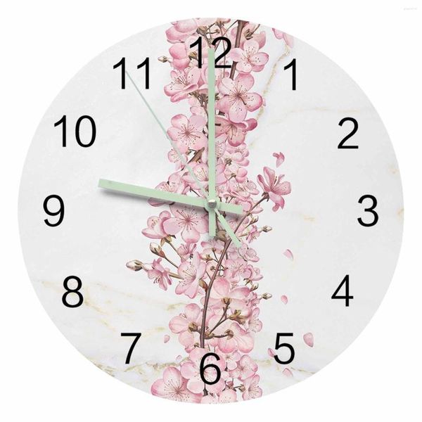 Horloges murales fleur fleur de cerisier marbre Texture pointeur lumineux horloge maison ornements rond silencieux salon bureau décor