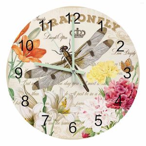 Horloges murales fleur libellule couronne Vintage lettres pointeur lumineux horloge maison ornements rond silencieux salon décor