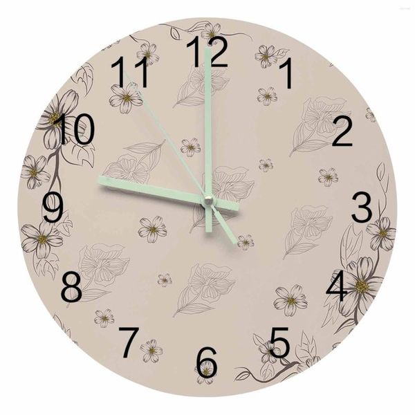Horloges murales fleur feuille ligne dessiné à la main pointeur lumineux horloge maison ornements rond silencieux salon chambre bureau décor