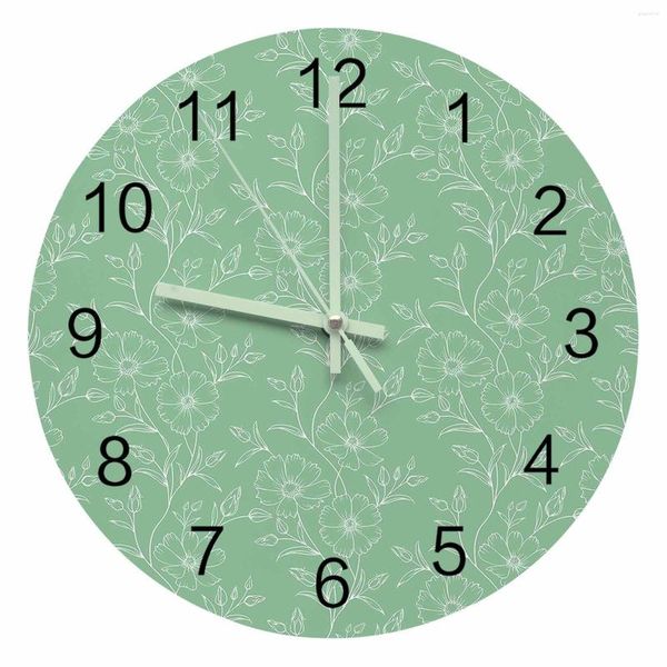 Horloges murales fleur feuille lignes rétro vert pointeur lumineux horloge maison ornements rond silencieux salon bureau décor