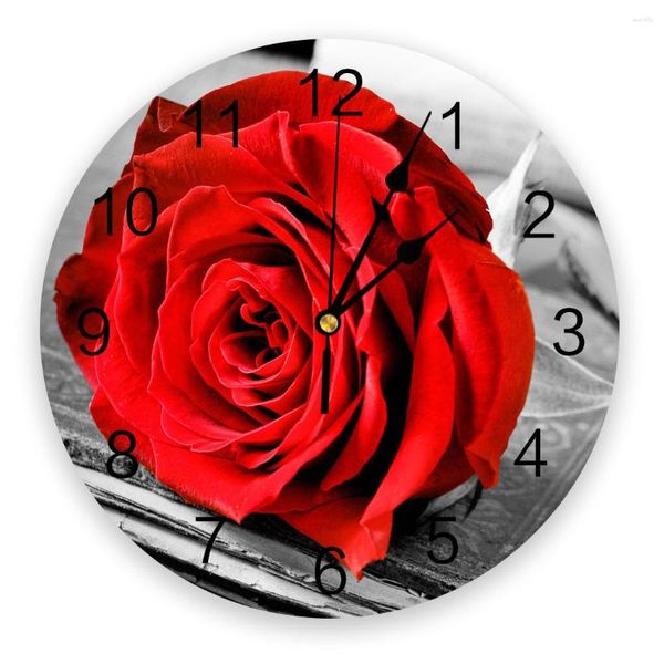 Horloges murales fleur rouge Rose sur un livre minable chambre horloge grande cuisine moderne salle à manger ronde salon montre décor à la maison