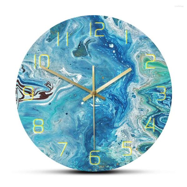 Relojes de pared Arte fluido Pintura vertida abstracta Obra de arte Reloj decorativo Patrón de mármol Impreso Decoración interior contemporánea