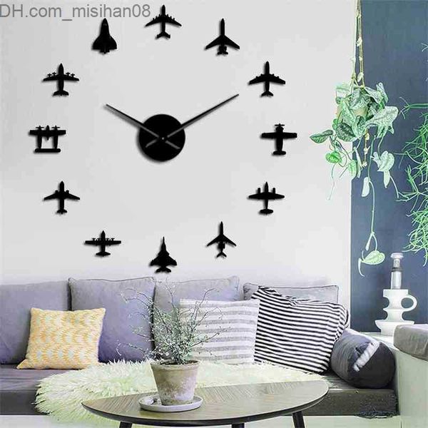 Horloges murales avion de chasse avion de chasse moderne bricolage géant horloge murale acrylique miroir surface autocollant avion horloge murale aviateur pilote décor à la maison 210401 Z230705