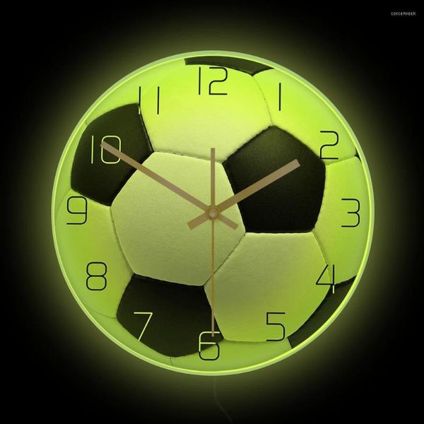 Horloges murales Football 3D effet horloge avec rétro-éclairage LED pour garçon chambre Sport décor à la maison noir blanc ballon de football impression néon affichage signe